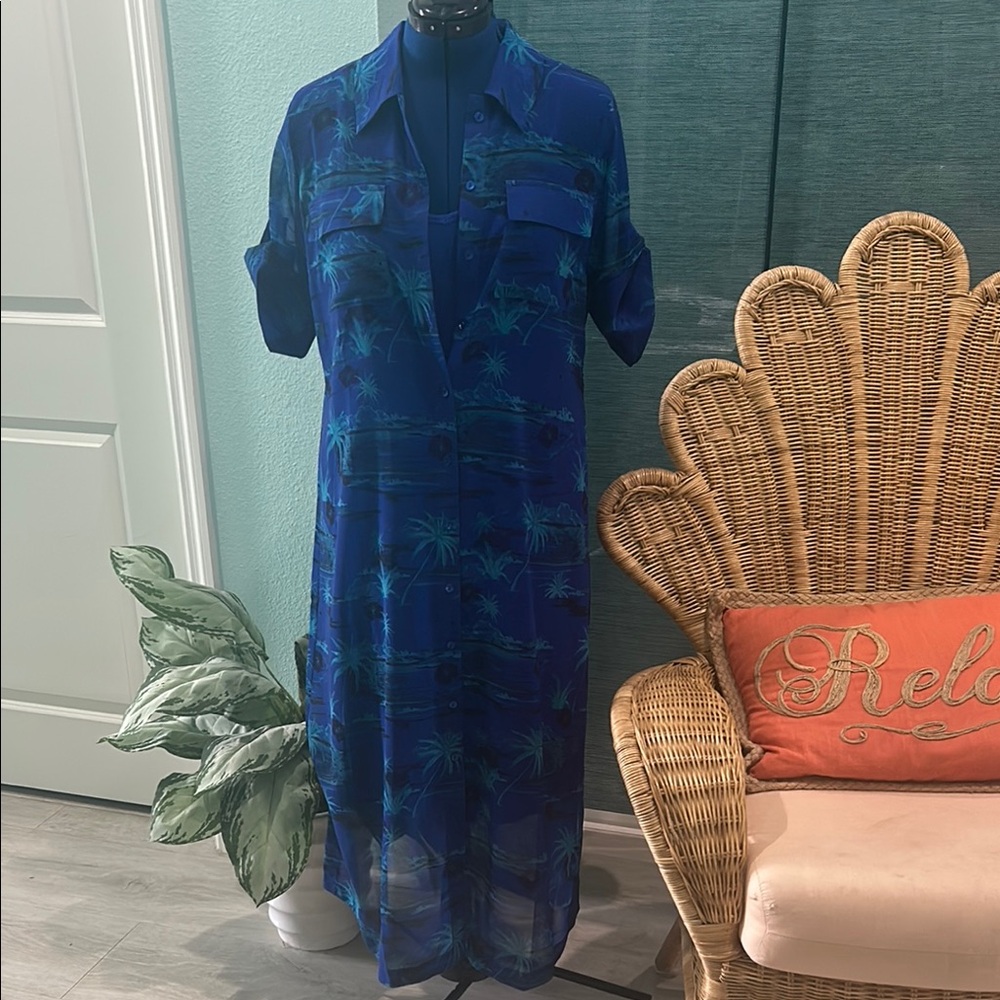 Soft Surroundings 2 piece Polo Collar Blue Green Midi Dress with blue tank dress